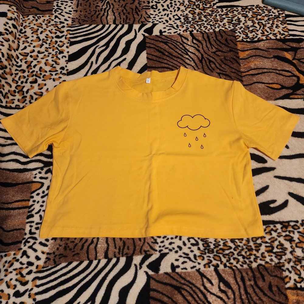Y2K Yellow Crop Top with Cloud And Rain Design Size Small